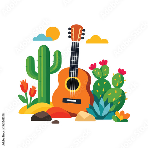 Desert scene with guitar and cacti
