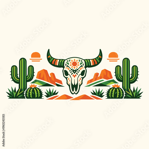 Foto Vibrant desert landscape with bull skull and cacti