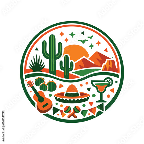 Vibrant desert scene with cactus sombrero and guitar