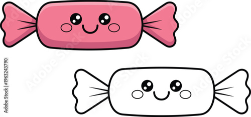 Cute candy cartoon character colored and outline version sweet confection illustration for kids coloring page design