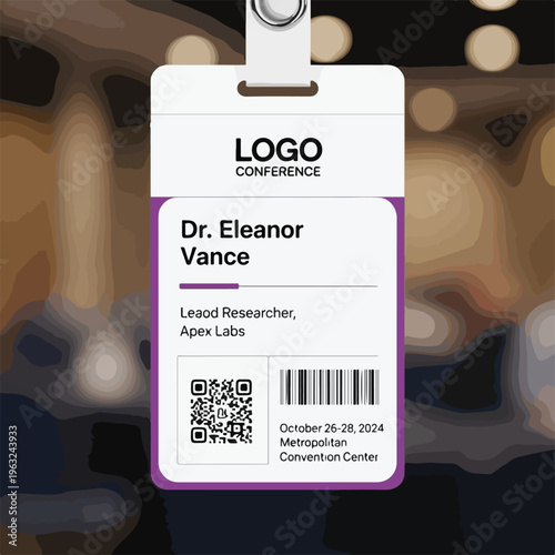 Conference badge with name, affiliation, and conference details