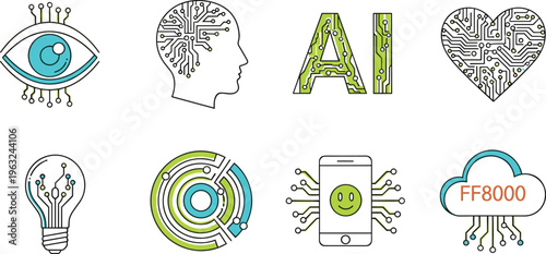 Artificial intelligence vector icons featuring machine vision, human cognition, emotional AI, innovation, connectivity, mobile technology, and cloud computing for modern digital transformation 