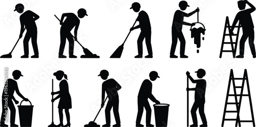 Silhouette illustrations of people engaged in various cleaning activities