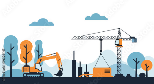 Construction site with excavator, crane, and simplified nature elements