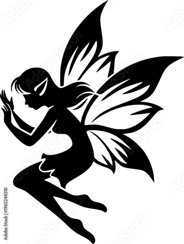 Cute fairy silhouette, little girl with butterfly wings holding a star, black vector design, clean white background, minimal and elegant style