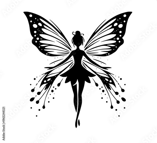Cute fairy silhouette, little girl with butterfly wings holding a star, black vector design, clean white background, minimal and elegant style