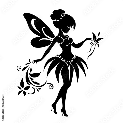 Cute fairy silhouette, little girl with butterfly wings holding a star, black vector design, clean white background, minimal and elegant style