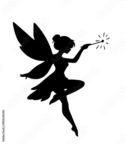 Cute fairy silhouette, little girl with butterfly wings holding a star, black vector design, clean white background, minimal and elegant style