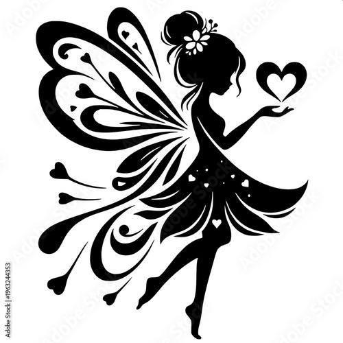 Cute fairy silhouette, little girl with butterfly wings holding a star, black vector design, clean white background, minimal and elegant style