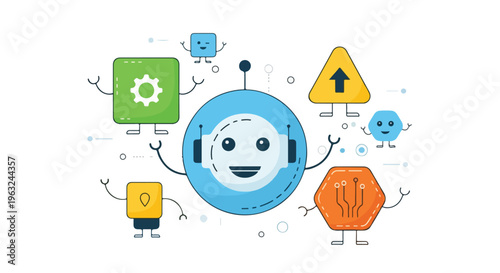 Cute and colorful cartoon robots with various shapes and expressions