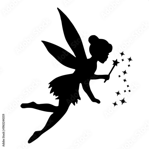 Cute fairy silhouette, little girl with butterfly wings holding a star, black vector design, clean white background, minimal and elegant style