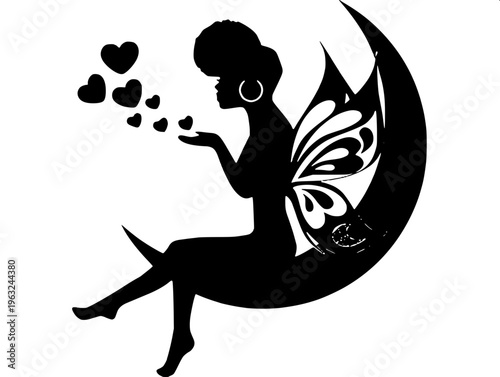 Cute fairy silhouette, little girl with butterfly wings holding a star, black vector design, clean white background, minimal and elegant style