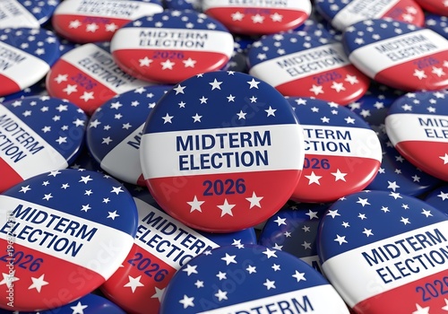 Pile of red, white, and blue midterm election buttons with stars symbolizing voting and democracy.
