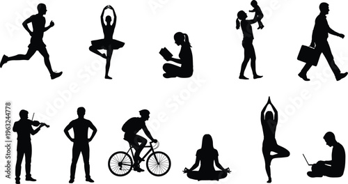 Collection of people silhouettes engaged in daily activities including running, yoga, reading, cycling, meditation, music, and work, perfect for lifestyle design, education, and creative artwork 