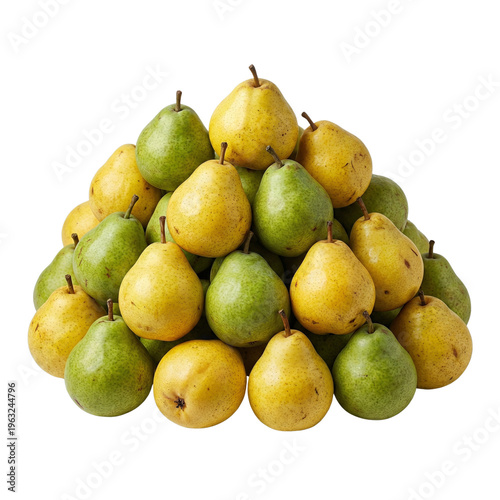 A vibrant pyramid of fresh, ripe pears, featuring golden-yellow and verdant-green varieties, neatly arranged on a crisp white backdrop, perfect for healthy recipes