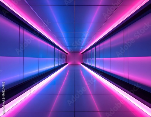Futuristic, symmetrical hallway with neon lighting in shades of pink and blue