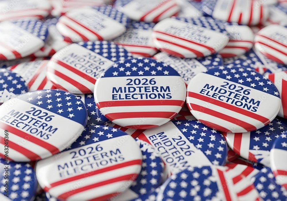 Fototapeta premium Pile of patriotic campaign buttons announcing the 2026 midterm elections with an American flag design.