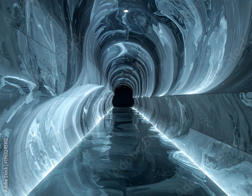 Futuristic tunnel with flowing, marbled walls reflecting light and leading to darkness