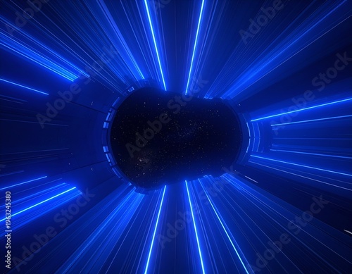 Futuristic tunnel with glowing blue lines, leading to a dark space with stars