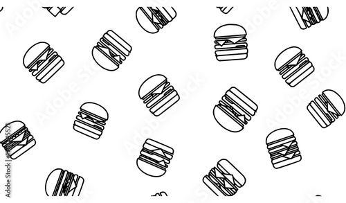 Scattered Burger Outline Seamless Pattern Vector with Black Hamburger Line Icons on White Background