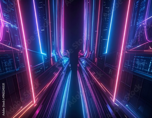 Futuristic tunnel with neon lighting effects, geometric, symmetrical, vibrant colors