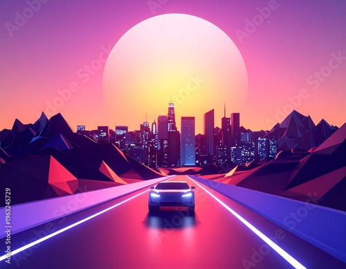 Futuristic vehicle traveling toward a cityscape at sunset, with geometric mountains and road