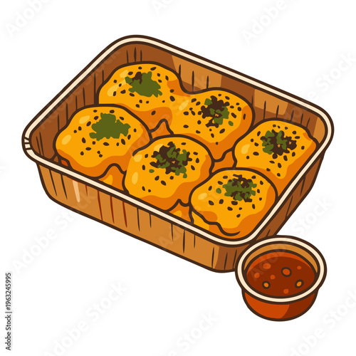 Baked Mentai Dim Sum or Gyoza in Foil Container with Chili Sauce, Isometric Vector Illustration