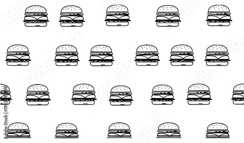 Black Burger Line Icon Seamless Pattern Vector with Hamburger Outline Symbols on White Background