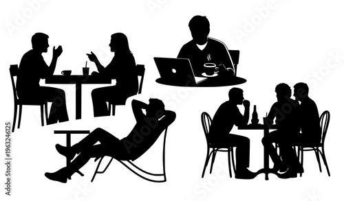 Cafe People Silhouette Set Vector with Coffee Table Interaction Scenes and Social Lifestyle Illustration