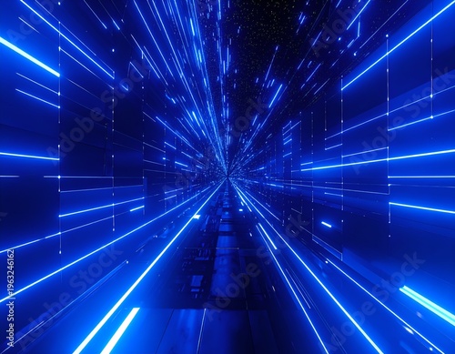 Futuristic tunnel with blue neon lines, creating a sense of rapid motion