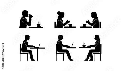 Minimal Cafe People Silhouette Icons Vector with Coffee Table Scenes and Modern Social Interaction Design