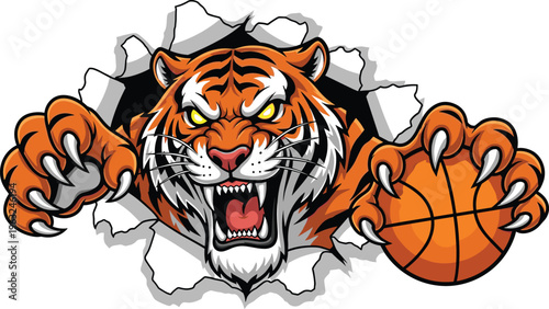 Illustration of fierce tiger mascot bursting through wall holding basketball with claws, perfect for sports team logo, strength themes, competitive energy, and creative artwork projects.