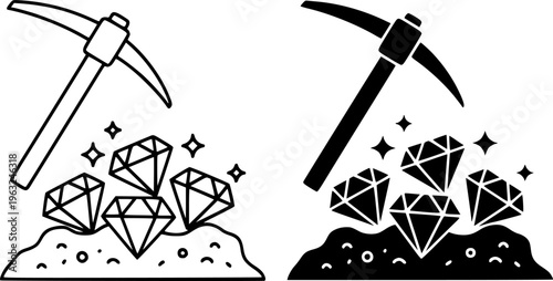 Diamond Mining and Pickaxe Icon Set - Precious Gem Stone Excavation Vector Illustration