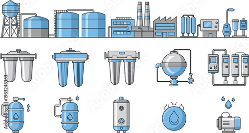Illustration of industrial water treatment facility with tanks, pumps, filters, and purification equipment, perfect for technology design, environmental themes, and engineering artwork projects.