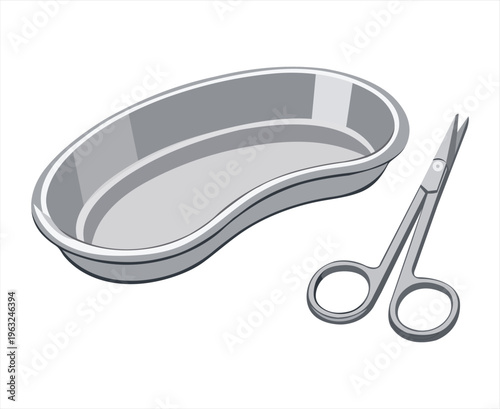 Stainless steel kidney dish with surgical scissors illustration