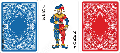 Illustration of three playing cards with ornate backs and colorful joker character in center, perfect for casino themes, card game artwork, and entertainment design projects.