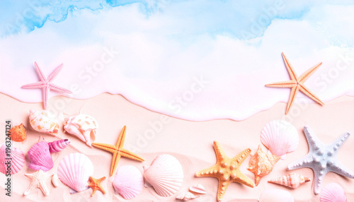 水彩風の水色背景にヒトデと貝殻を配置した夏のフレーム素材 俯瞰