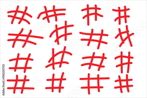 A collection of red hash symbols on a white background
