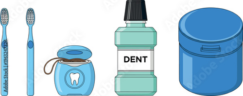Dental care set with toothbrushes floss mouthwash and container oral hygiene tools flat vector illustration isolated design