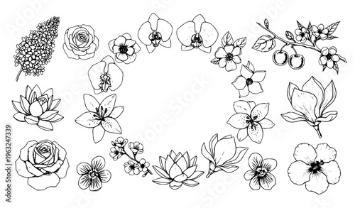 Black and White Floral Sketch Wreath Vector with Rose Lily Orchid and Magnolia Botanical Illustration