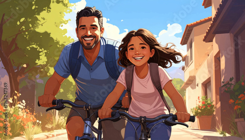 Father and Daughter Riding Bicycles Together.