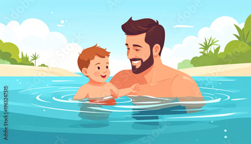 Father and Son Swimming Together in Water.