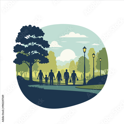 Family walking in a park, surrounded by trees and lampposts