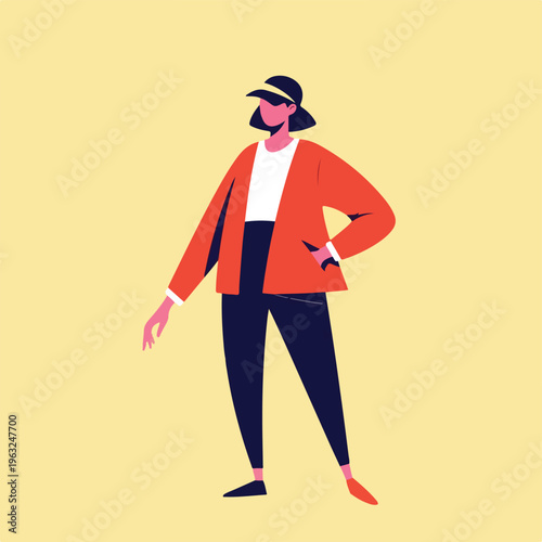 Fashion illustration of a person with a cap and an orange jacket