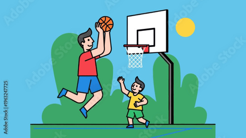 Man dunking basketball with boy watching.