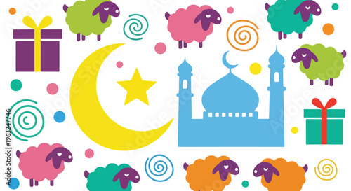 Festive colorful illustration with cartoon sheep, mosque, and crescent