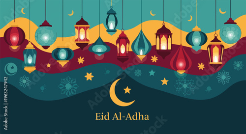 Festive graphic featuring hanging lanterns, stars, moons, and decorative wave elements