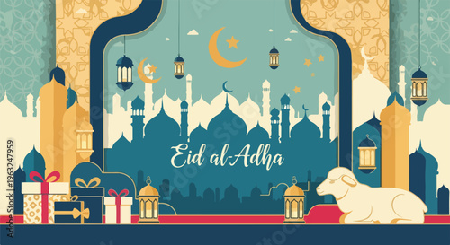 Festive graphic showcasing Islamic symbols, mosque silhouettes, and gifts