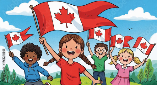 Diverse children waving canadian flags in a green field on a sunny day with blue sky and white clouds celebrating patriotism and joy