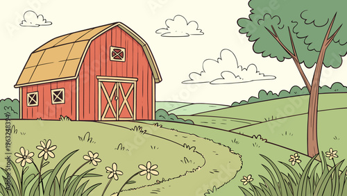 Rural farm scene with red barn, trees, path, and clouds. Perfect for agriculture branding, country life design, organic food label, farm market poster, and rustic background.